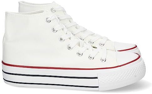 shoes&blues.es 74863-Zapatilla Abotinada de Mujer, de Doble Suela, Comoda, con Material de Lona, Estilo Bamba Casual, y Cierre de Cordones. Talla 37 Blanco