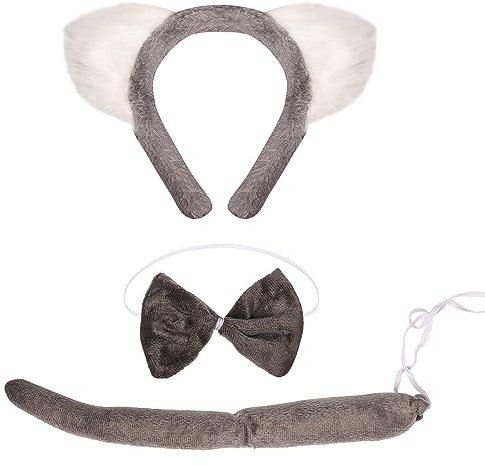 XNHIU 3-teiliges Koala Kostüm Set: Koala-Ohr Haarband, Fliege, Schwanz - Niedliche Tierdekoration für Cosplay, Party & Maskerade - Unisex, One Size, Grau