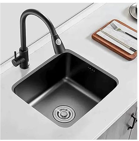 ZUMAHA Glatt Küchenspüle aus Edelstahl, schwarzes quadratisches Waschbecken mit ausziehbarem Wasserhahn, integriertes Waschbecken auf dem Balkon, Barspüle mit Zubehör Tief