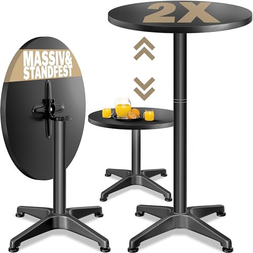 CASARIA® Set 2X Mesas de Bar Alta 2en1 Plegables Altura Ajustable 70cm /115cm de Aluminio Ø 60 cm Interior Exterior Negro