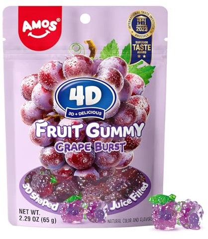 Amos 4D Gummy Grape Burst, Bonbons en Gélatine au Cœur de Raisin, Snacks Fruités au Goût Naturel, Sac de 65g (Pack de 3)