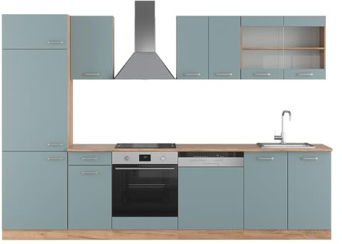 Vicco Küchenzeile R-Line, Blau-Grau/Goldkraft Eiche, 300 cm