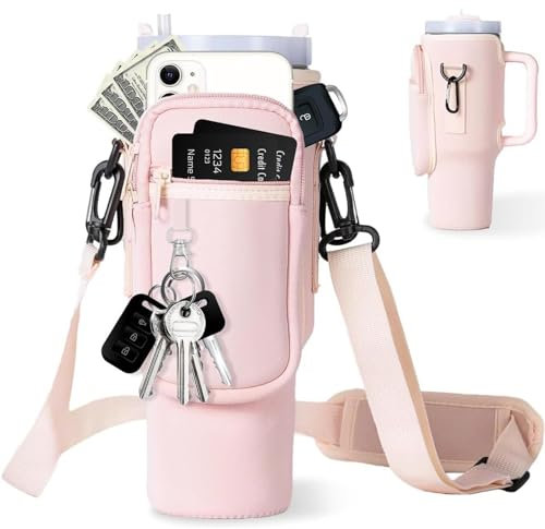 Stanley Trinkflaschen-Tragetasche, 1,2 l, mit Handytasche, Kartentasche, Bergsteiger-Schnalle und Schlüsselanhänger, rosa multifunktionale Flaschentasche für Stanley Cup-Zubehör