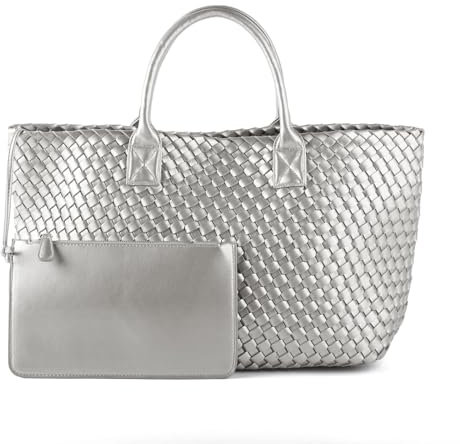 Gewebte Tragetasche für Damen, Retro, handgewebt, Schultertasche, Reisetasche, große Kapazität, Hobo, veganes Leder mit Geldbörse, silber, X-Large