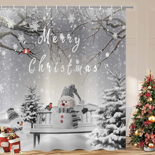 ASDCXZ Weihnachten Duschvorhang 180x200 cm, Winter Weihnachtlich Niedlich Schneemann Weihnachtsbaum Waschbar Bad Duschvorhänge Polyester Textil Wasserdicht Duschvorhang für Badewanne mit 12 Haken