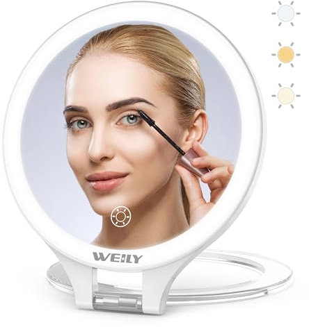 WEILY Miroir Maquillage, 10X/1X Miroir Grossissant Lumineux, Double Face Miroir de Voyage, avec 3 Lumières de Couleur, Contrôle Tactile, Rechargeable Portable Miroir pour Chambre (Blanc)