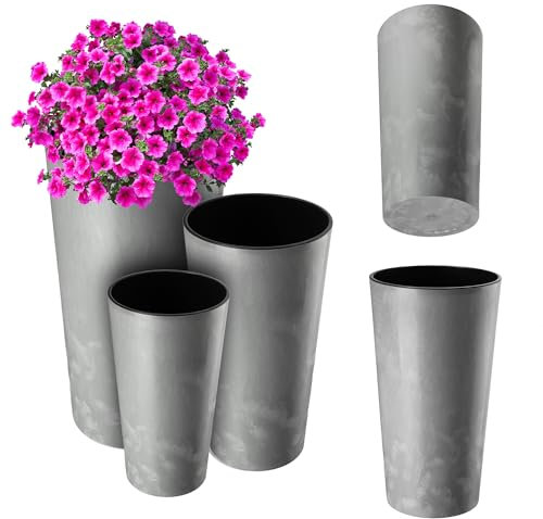 KADAX 3er Set Blumentopf mit Holzspänen, eleganter Übertopf mit herausnehmbarer Einlage, Blumentopfschutz für Büro, Blumenkübel, Topf, Gartenschale (Grauer Beton)