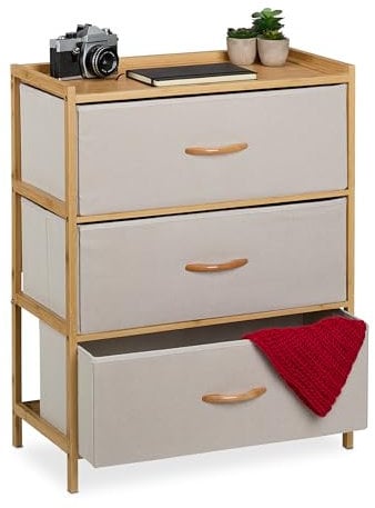 Relaxdays Kommode, Bambus, 3 Stoff-Schubladen, Flur, Schlafzimmer, HBT 73 x 57,5 x 30 cm, Schubladenschrank, Natur/beige
