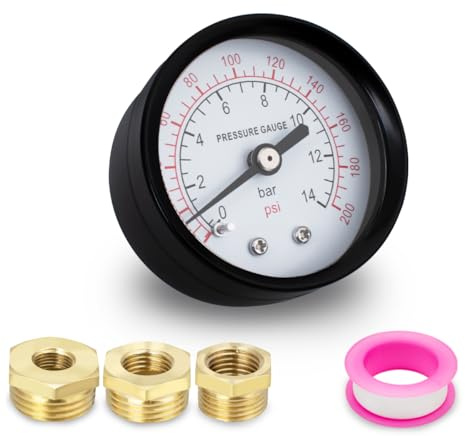 Innfeeltech 1 Stück 40mm Brunnenpumpenmanometer BSP 1/8„ 0-14 Bar 0~200 Psi mit 3 Stück Buchsen 1/8“ bis 1/4„, 1/8“ bis 3/8„ und 1/8“ bis 1/2“ Ein Teflonband, axial