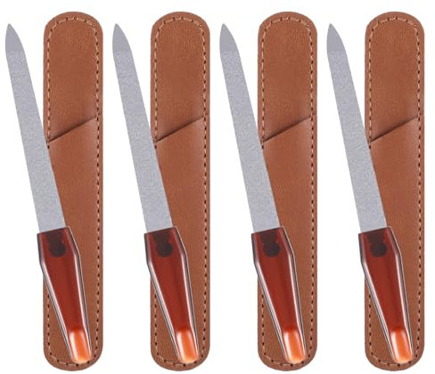 YUXIANLB Lot de 4 limes à ongles en métal avec pointe pointue et étui en cuir, bandes de polissage des ongles, outil de manucure, pédicure, ongles pour femme, salon de maison, salon, voyage