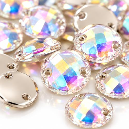 Perlin 100 Strasssteine zum Aufnähen Rund 12 mm Acryl Crystal AB | Große irisierende Schmucksteine mit 2 Nähöffnungen für Kostüme Kleidung Taschen Schuhe und Accessoires