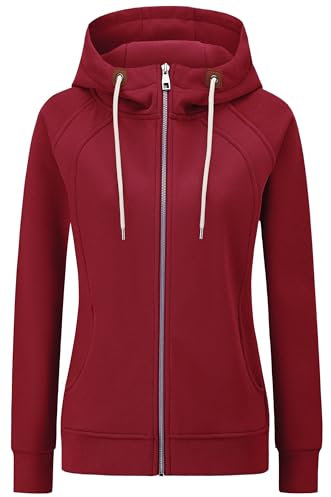 KEBORUILA Hoodie Damen Sweatjacke Kapuzenjacke Herbst Winter Sweatshirt Kapuzenpullover Mit Kapuze Reißverschluss Oberteile 2025 Weinrot XL