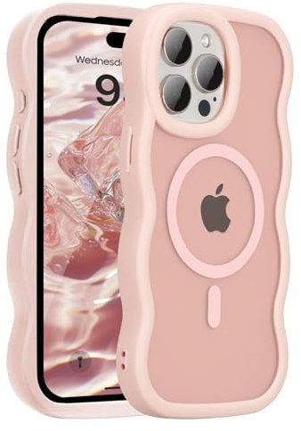 UEEBAI Magnetic for iPhone 15 Pro Case, Cute Cover Compatible with MagSafe, Transparent Clear Wave Design Wavy Frame Matte Phone Case- Pink