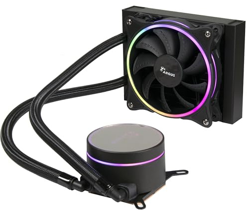 Inter-Tech 120mm AIO Wasserkühlung mit ARGB Beleuchtung des Lüfters und der Pumpe.