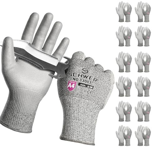 Schwer 12 Paar Schnittschutz Arbeitshandschuhe Level 4/D mit PU-Beschichtung, Rutschfeste & langlebige schnittschutzhandschuhe für Metallbearbeitung, Holzarbeit, Bauwesen,M