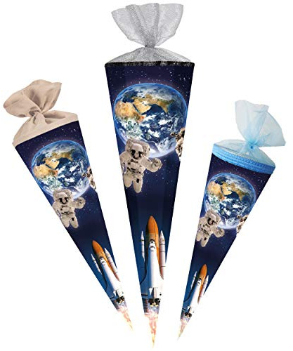 Schultüte - Weltraum - Rakete/Erde & Astronaut - 22-100 cm - Größe wählbar - 6 eckig - Tüllabschluß - Zuckertüte - mit/ohne Kunststoff Spitze - Nestler ..