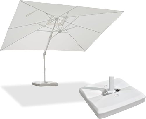 PURPLE LEAF Parasol Déporté Blanc 3 × 4 m avec Socle, Parasol de Jardin Extérieur Inclinable avec Rotation à 360°, 8 Baleines Robustes en Aluminium, Protection UV, Blanc
