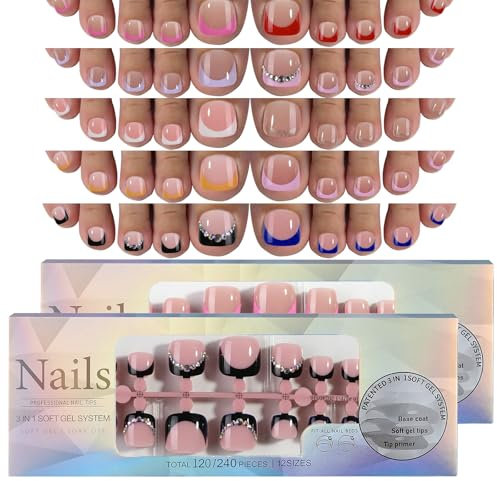 Joyeux Faux Ongles Court French Manucure - 240 Pièces, 10 Couleurs, 12 Tailles à Coller