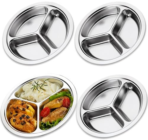 2 Stück Runde Geteilter Speiseteller Edelstahl, 24cm Portionskontrollteller mit 3 Fächern, Edelstahl Unterteilte Teller Kinder, Bariatrischer Teller, Camping Metallteller für Abendessen Snacks Partys