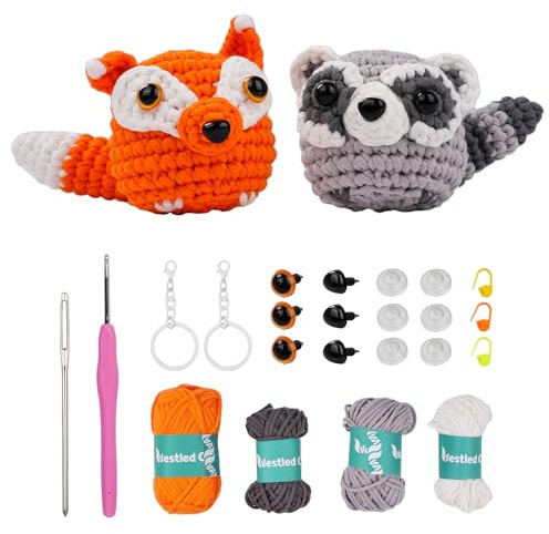 YUMILI Anfänger Häkel Starter Kit, Häkel Set für Anfänger, Tier Häkelpaket Complete Amigurumi Starter Set with Video Tutorials, DIY Crochet Kit for Kids Adults, Gift for Craft Lovers (Fuchs Waschbär)