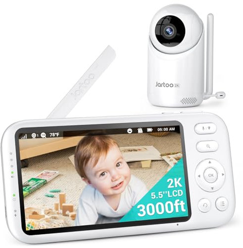 Jartoo Babyphone mit Kamera ohne WLAN, 5,5 Zoll 2K FHD, 914m hohe Reichweite, AI Weinender Alarm, Infrarot-Nachtsicht 6000 mAh24-Stunden-Akku, 2-Wege-Audio