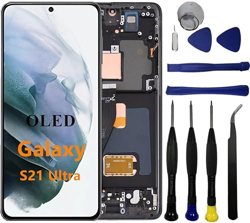 VBAFNWCY OLED Galaxy S21 Ultra Écran de remplacement pour Samsung Galaxy S21 Ultra 5G G998U G998U1 G998B Écran tactile Digitizer Assemblée Support d'empreintes digitales (avec cadre noir + outils)