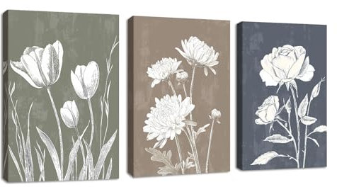 3 Pcs Boho Neutre Blanc Floral Plante Tableau Décoration Murale Salon Vintage Minimaliste Botanique Fleurs Impression sur Toile Image sur Toile Peintures Décor Murale pour Chambre Maison 40x60cmx3 Pcs