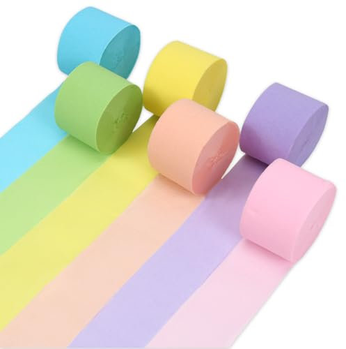 Krepppapier Bunt 6 Rollen 150 m, Krepppapier Pastellfarben Kreppband Bunte Krepppapier Pastell Luftschlangen, Kräuselpapier zur Dekoration, Crepe Papier für Geburtstag Hochzeits Partydekorationen