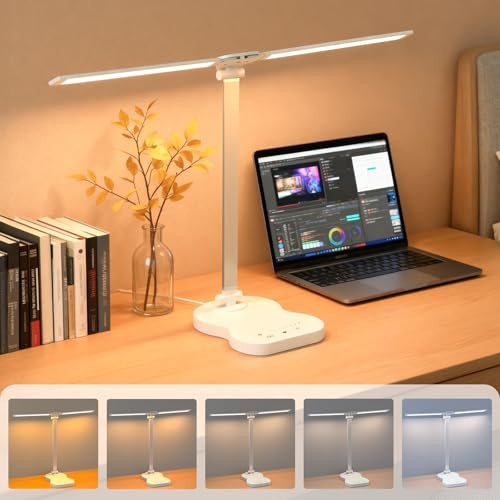 Morotty Schreibtischlampe für Home Office Schlafzimmer Lesen Studie,Weiß | Dimmbar Led Tischlampen mit zwei Köpfe,5 Farbmodi,10 Helligkeitsstufen,Touch Control,45 Min Auto Timer