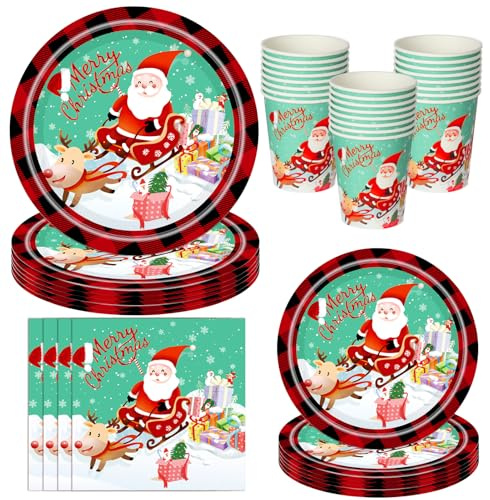 PYAILI Vaisselle Noël, 64 Assiettes en Carton, Vaisselle de Fête de Noël pour 16 Invités avec, Assiettes, Serviettes et Gobelets Pour Anniversaire, Mariage, Jubilé