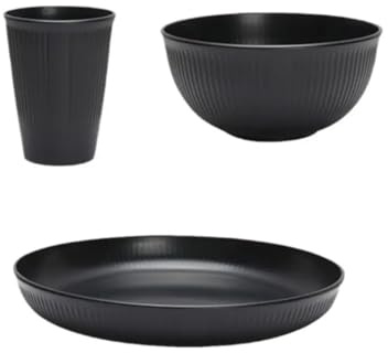 Service de vaisselle Ensemble de couverts en plastique noir, assiettes, plats, bols, tasses, for camping plein air(Tableware set)