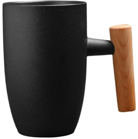 Japanese-style Ceramic Coffee Mug 220ml, Vintage Wood Handle Cup for Tea & Coffee(Black)