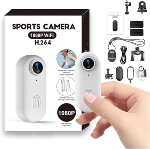Mini Caméra Sport 1080P WiFi Action Cam IP68 Étanche 30M, Objectif Grand Angle 120°, Mini Camera Vlog POV, 800 mAh, Caméra Portable Casque Moto/Vélo/Ski/Animaux Camera Embarquée Compacte （Blanc）