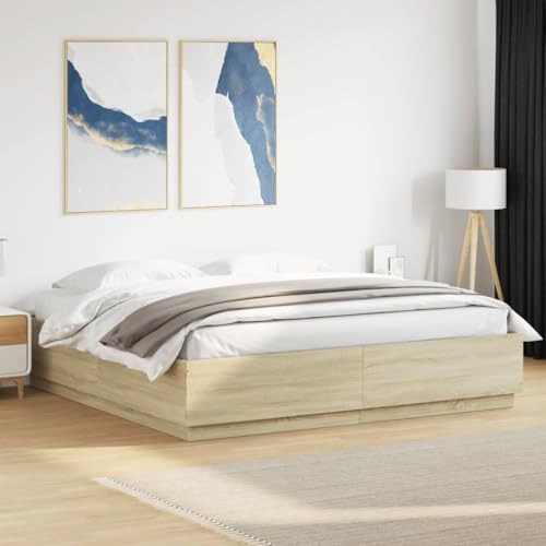 Owoxanthellate Bettgestell mit LED 180x200 Sonoma Eiche Holzwerkstoff Modernes Design RGB Beleuchtung stabil für Schlafzimmer Gästezimmer