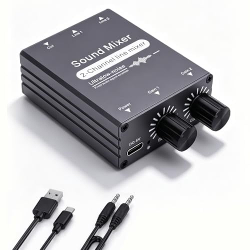 Yanmis 2-Kanal-Stereo-Audio-Mixer, 3,5 Mm 2-in-1-Out-Stereo-Sound-Mixer mit Doppelter Lautstärkeregelung für Computer, Kopfhörer, Telefone, Laptops
