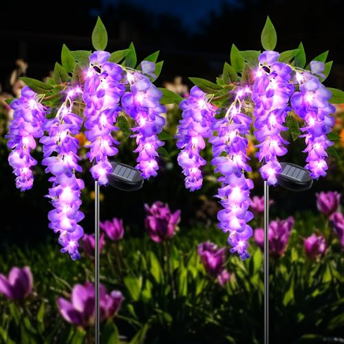 Qoosea Luci Solari da Esterno, 2 Pezzi Lampade Solare da Giardino Fiore di Glicine, Impermeabile Luci Led Decorative Viola Fiore Luce Solari Decorazione per Giardino, Terrazza, Nozze