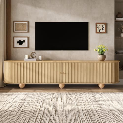 NNJN Mueble bajo redondeado para TV, puertas correderas, muebles de TV retro, muebles de salón, puertas correderas estriadas verticales, patas esféricas (natural, 180 x 35 x 45 cm)