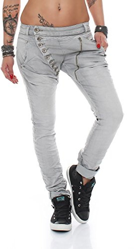 Fashion4Young 5857 MOZZAAR Damen Jeans Hose Röhrenjeans Haremshose Röhre Damenjeans Hüftjeans (XL=42, Grau)