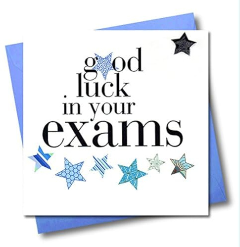 Claire Giles Glückwunschkarte Good Luck in Your Exams mit Herzen und Sternen, Blau/Weiß