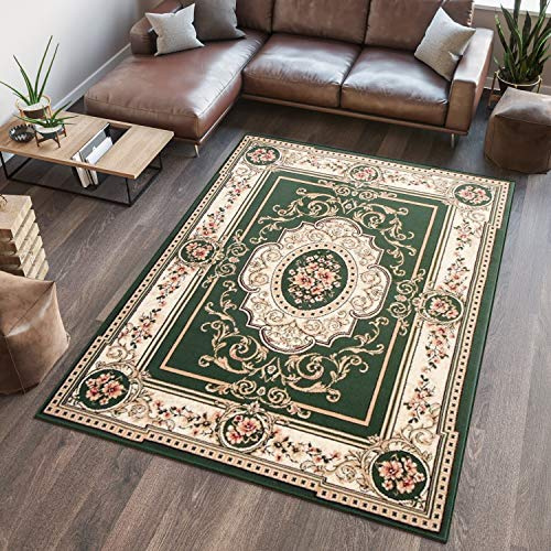 TAPISO Atlas Teppich Kurzflor Grün Creme Bordüre Floral 130 x 190 cm | Wohnzimmer Klassisch Schlafzimmer Traditioneller Teppich für Wohnzimmer Esszimmer OEKO-TEX