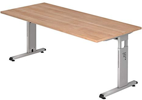 Froschkönig24 Schreibtisch 16618 höhenverstellbarer Arbeitstisch Tisch Bürotisch 180x80cm, Farbe Gestell:Weiß, Dekor:Nussbaum
