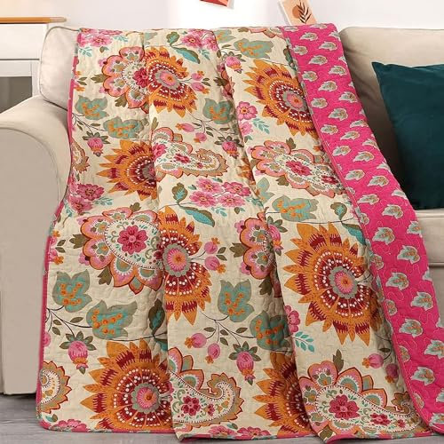 Qucover Tagesdecke 140x200 Bettüberwurf, Baumwolle Tagesdecke Bunt, Zweiseitige Tagesdecken Boho Stil für Einzelbett, Wendedecke, Wohndecke Sofadecke Sofaüberwurf mit Sonnenblumen-Muster