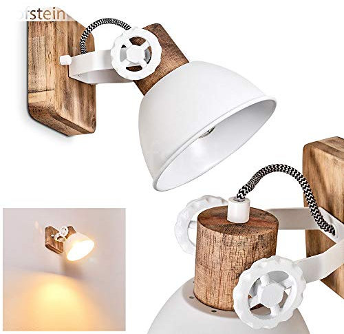 HOFSTEIN Wandleuchte Orny, Wandspot im Retro/Vintage Design, verstellbare Wandlampe aus Metall/Holz in weiß, 1-flammig, 1 x E27-Fassung, ohne Leuchtmittel