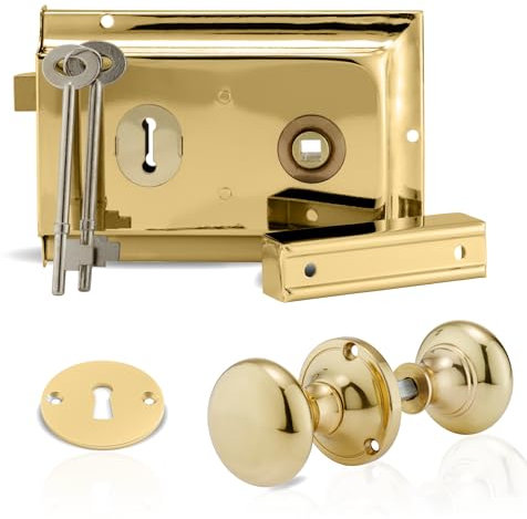 XFORT Premium Range 6x 4 Traditional Brass Rim Lock Set with Polished Brass Rim Knob, Surface Door Lock with Latch, Shed Lock with Key, Vintage Garden Gate Lock, for External Sheds, Gate or Doors