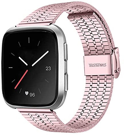 KangPlus Metallarmband Kompatibel mit Fitbit Versa/Versa 2/Versa Lite, Damen Herren Metall Edelstahl Ersatzarmband mit Link Remover Tool Verstellbar 5.5-8 Zoll - Pink
