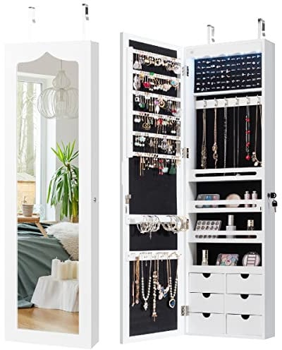 CASART Wall & Door Mounted Jewellery Cabinet, 5 LED Lighted Lockable Jewelry Armoire with Full-Length Mirror, Adjustable Hanging Storage Makeup Box Jewelry Organizer (White)