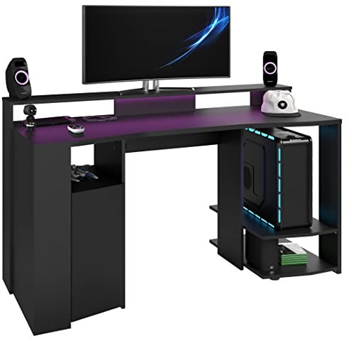 Miroytengo Mesa Gamer Color Negro con LED Incluido 87x152x62 cm