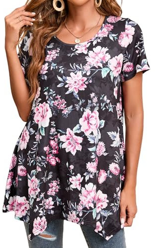 Enmain Tunica Donna Maniche Corte Maglietta Paisley Floreali Bluse Cime Lunga e Ampia Elegante Scollo Tondo Magliette con Volant,Nero/Rosa,M