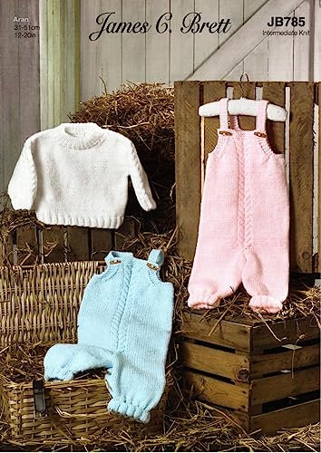 James C Brett Aran Knitting Pattern Baby Cable Sweater & Dungarees (JB785), Multi, 12'' - 20''