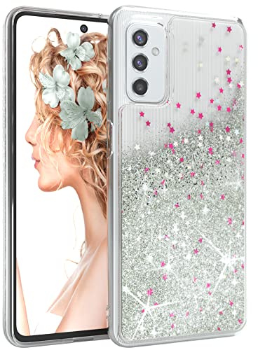 EAZY CASE Hülle kompatibel mit Samsung Galaxy M52 5G Schutzhülle mit Flüssig-Glitzer, Handyhülle, Schutzhülle, Back Cover mit Glitter Flüssigkeit, TPU/Silikon, Transparent/Durchsichtig, Silber